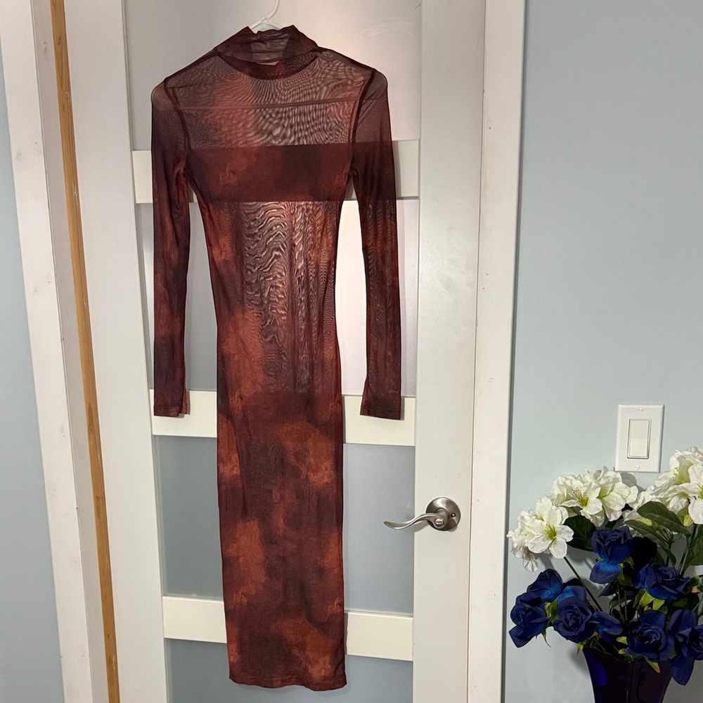 Sheer Artistic Print Long Sleeve Dress - Picture 4 of 5